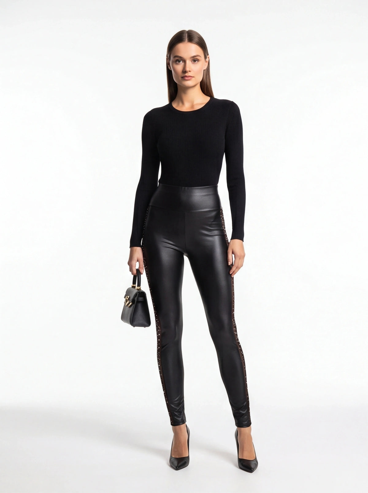 Rhinestone High Waist Skinny Pants with Mesh Inserts and Slim Fit by Jamota Uncategorized High Waist