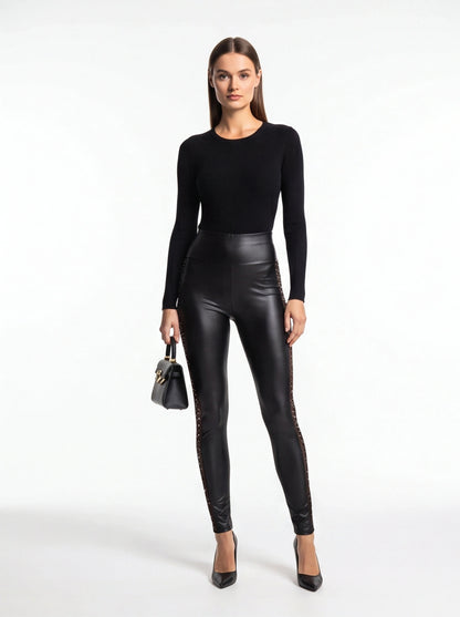 Rhinestone High Waist Skinny Pants with Mesh Inserts and Slim Fit by Jamota Uncategorized High Waist