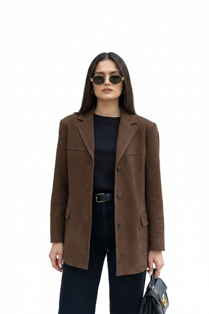 Elegant Brown Tailored Blazer with Padded Shoulders and Slim Fit by Jamota Blouses Women's Blazers