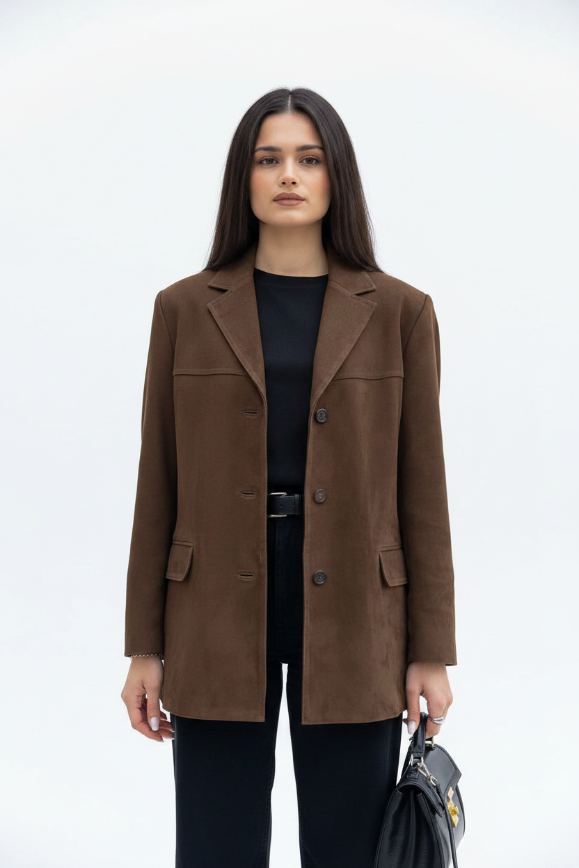 Elegant Brown Tailored Blazer with Padded Shoulders and Slim Fit by Jamota Blouses Women's Blazers