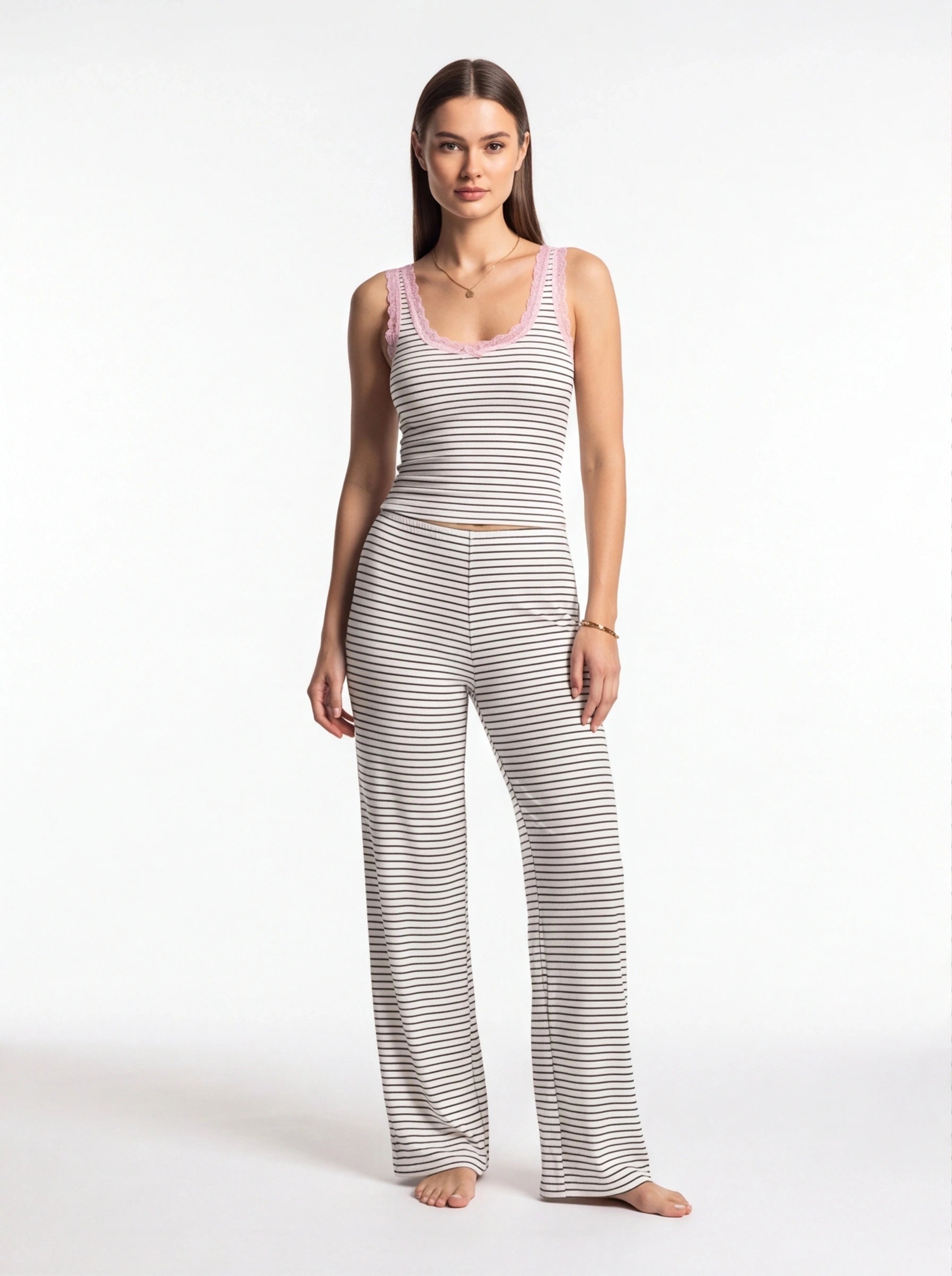 Rib-Knit Tank Pajama Set with Wide-Leg Pants by Jamota Loungewear Loungewear Sets