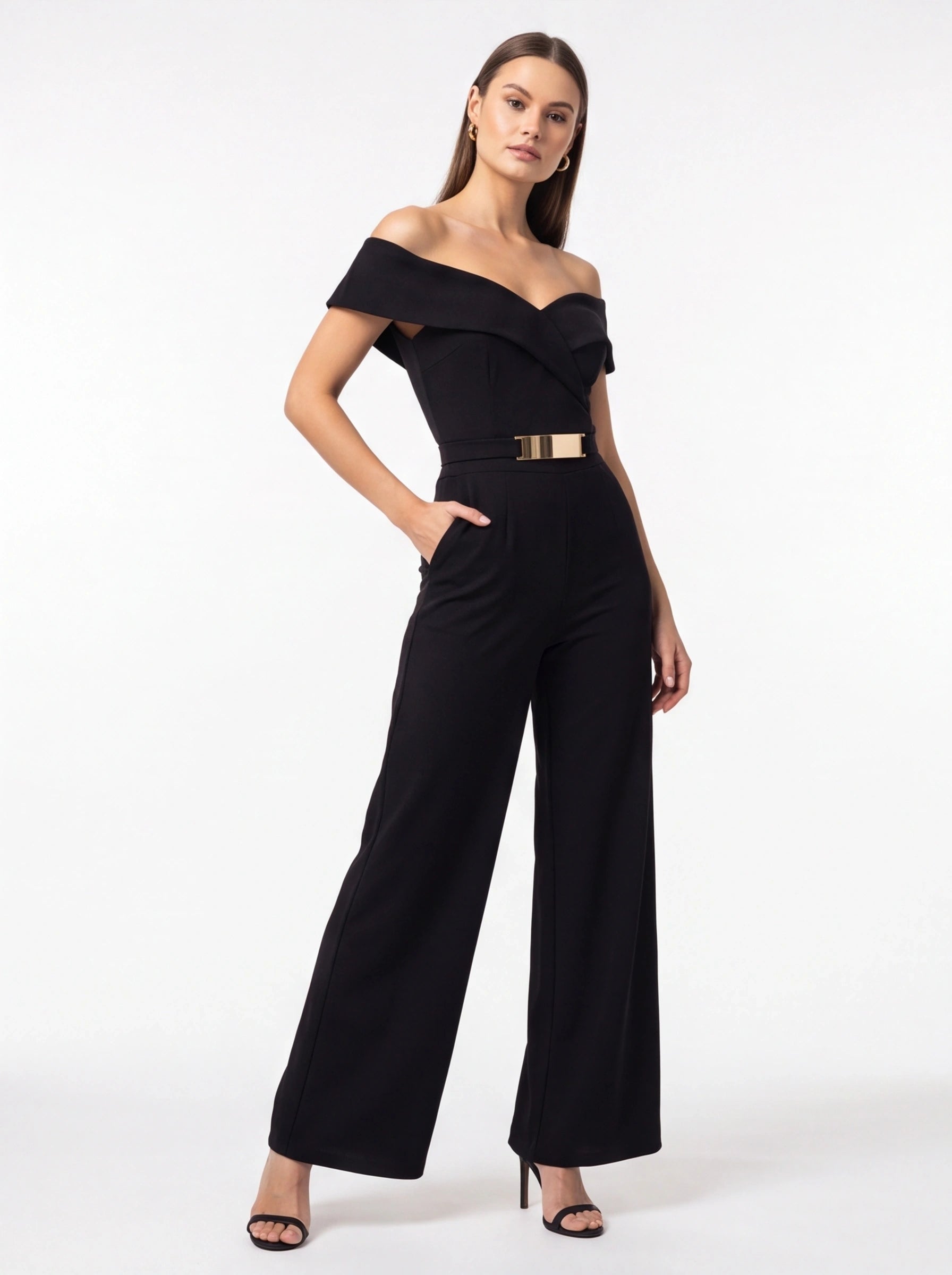 Elegant Black Off-Shoulder Wide-Leg Jumpsuit with Belt - Jamota