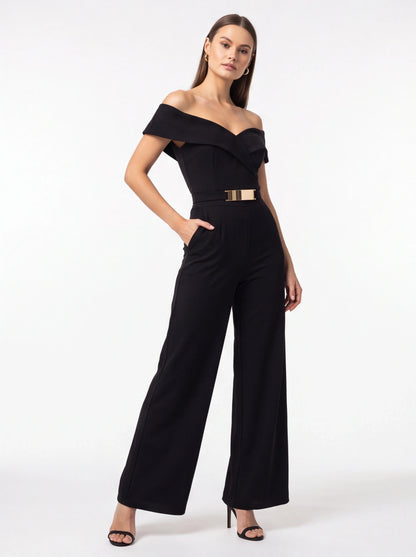 Elegant Black Off-Shoulder Wide-Leg Jumpsuit with Belt - Jamota