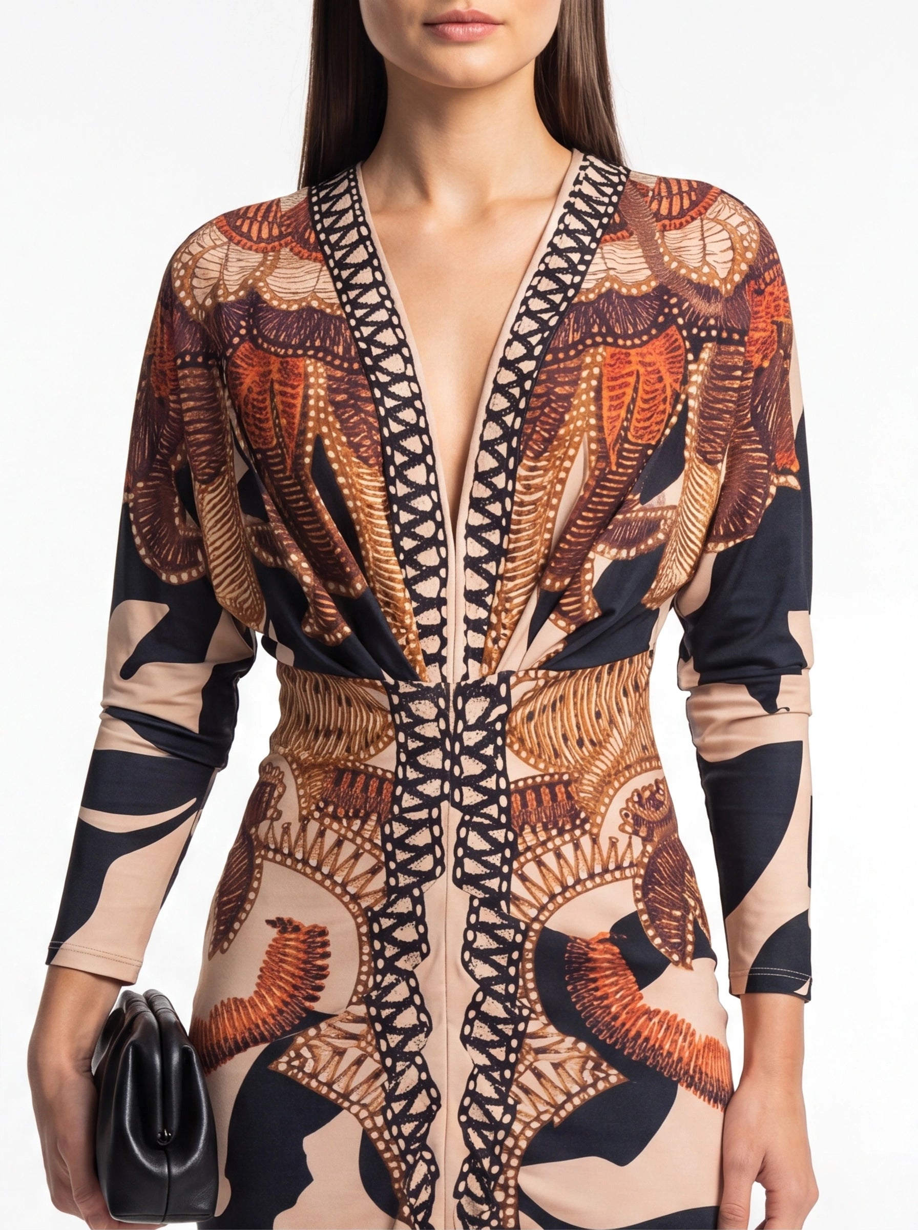 Brown Baroque Print Bodycon Maxi Dress with Front Slit - Jamota
