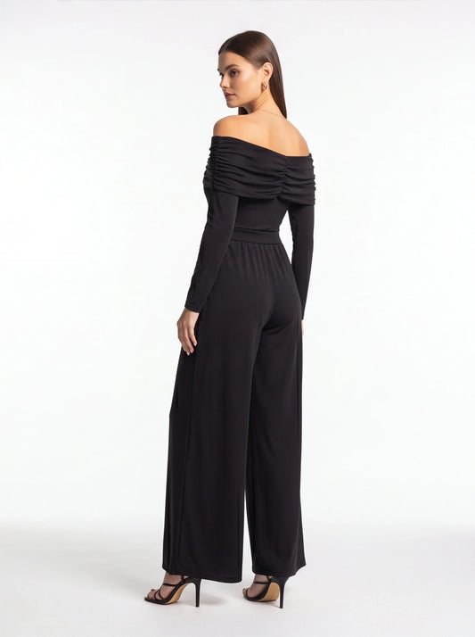 Elegant Off-Shoulder Dressy Jumpsuit for Women with Pockets & Belt - Jamota