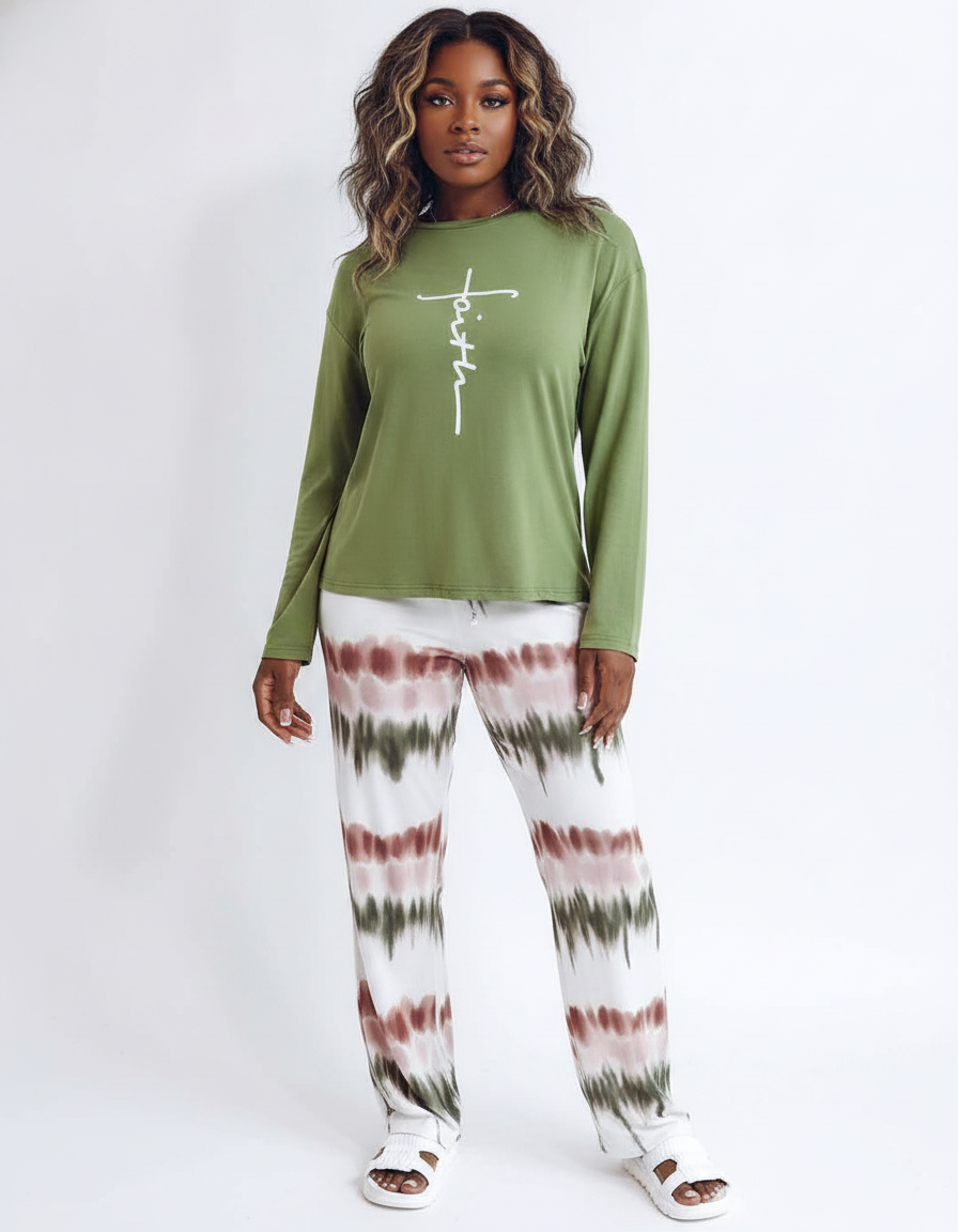 Multicolor Pajama Set Soft Long Sleeve Ombre Pants All Day Comfort Polyester Elastane Blend - Jamota