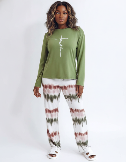 Multicolor Pajama Set Soft Long Sleeve Ombre Pants All Day Comfort Polyester Elastane Blend - Jamota
