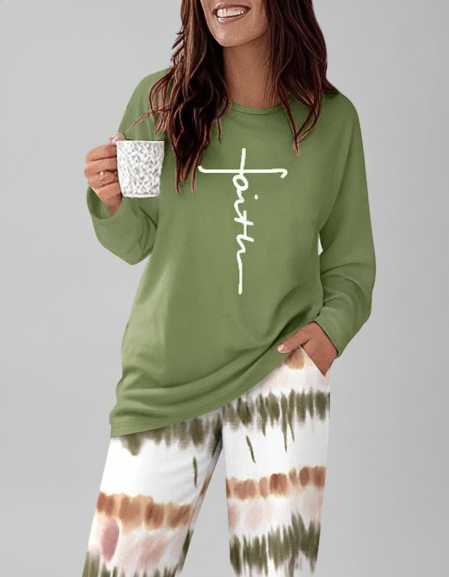 Multicolor Pajama Set Soft Long Sleeve Ombre Pants All Day Comfort Polyester Elastane Blend - Jamota