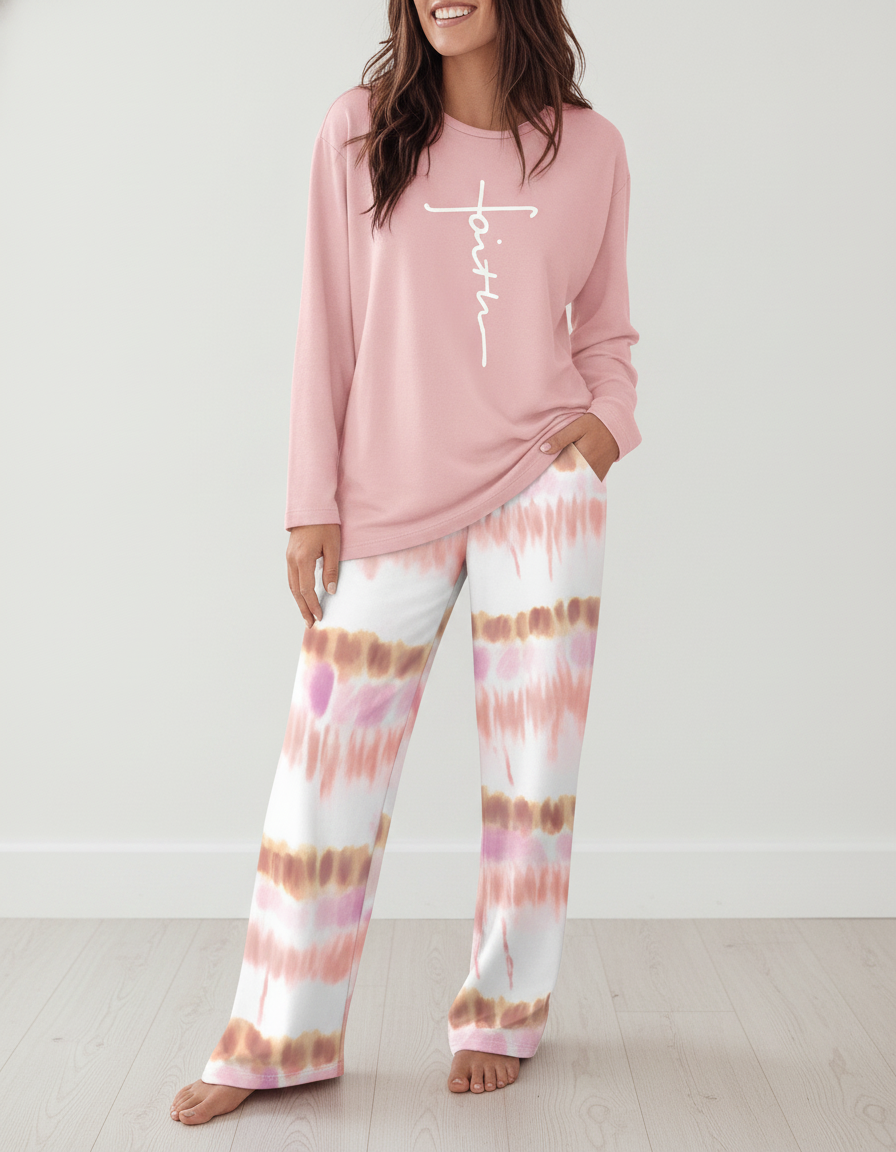 Multicolor Pajama Set Soft Long Sleeve Ombre Pants All Day Comfort Polyester Elastane Blend - Jamota