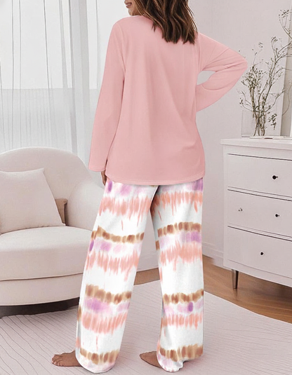 Multicolor Pajama Set Soft Long Sleeve Ombre Pants All Day Comfort Polyester Elastane Blend - Jamota