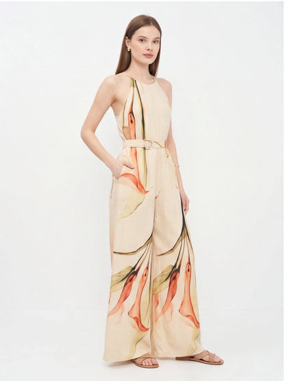 Jamota beige jumpsuit with floral print, wide-leg silhouette, belted waist, pockets, adjustable straps