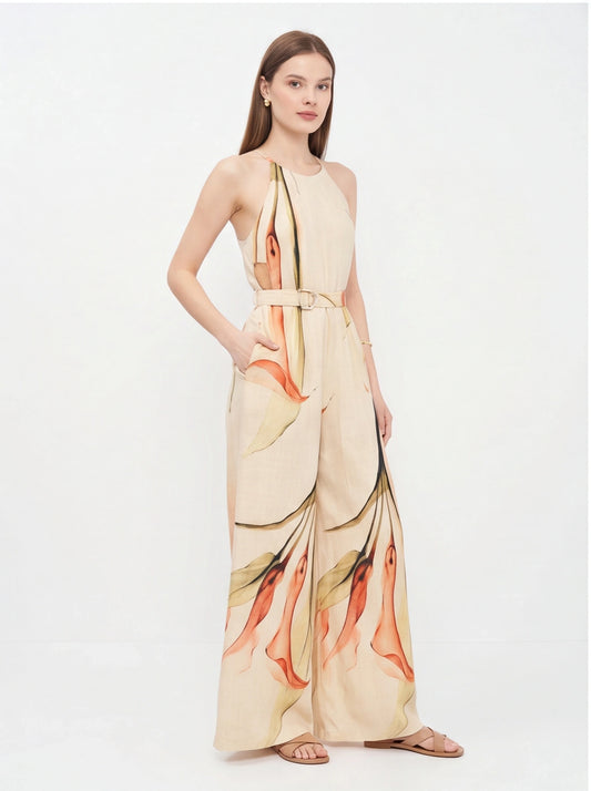 Elegant Floral Print Wide Leg Jumpsuit with Pockets & Adjustable Strap - Jamota