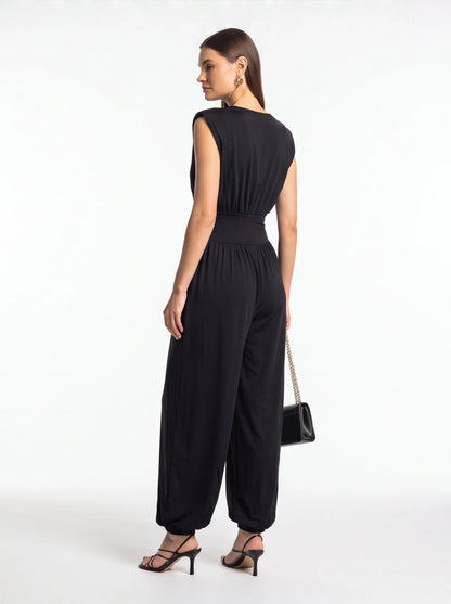 Elegant Casual Ruched Jumpsuit with Adjustable Straps & Pockets by Jamota One-Pieces Women's Jumpsuits
