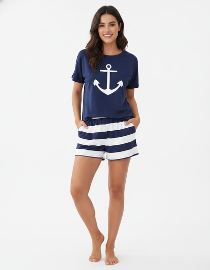 Nautical Charm Women's Pajama Set | Soft Fabric & Elastic Waist - Jamota