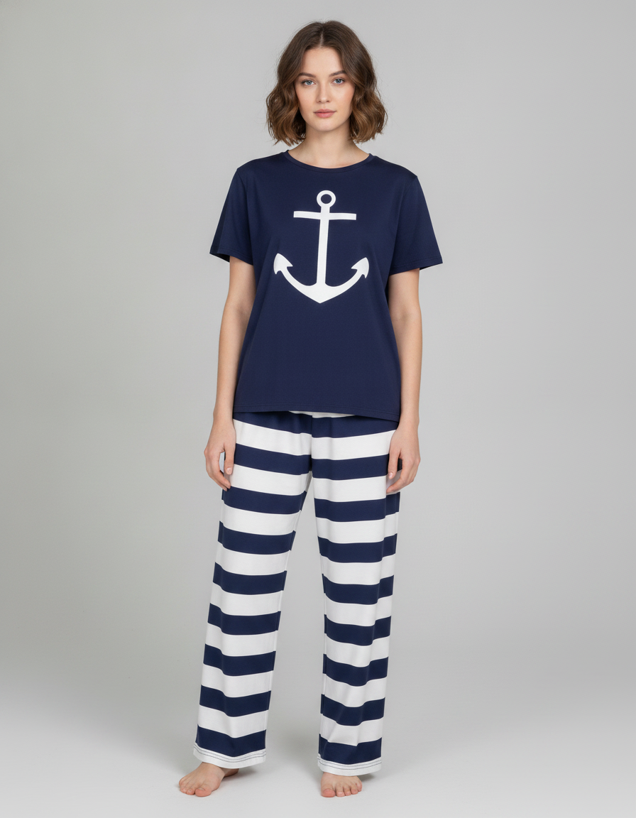 Nautical Dreams Women's Pajama Set | Soft Fabric & Anchor Design - Jamota