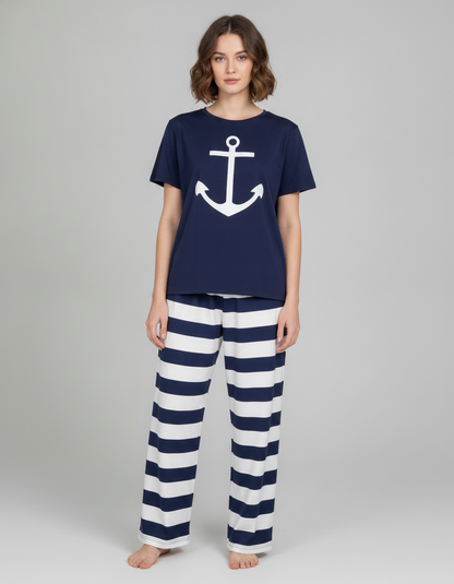 Nautical Dreams Women's Pajama Set | Soft Fabric & Anchor Design - Jamota