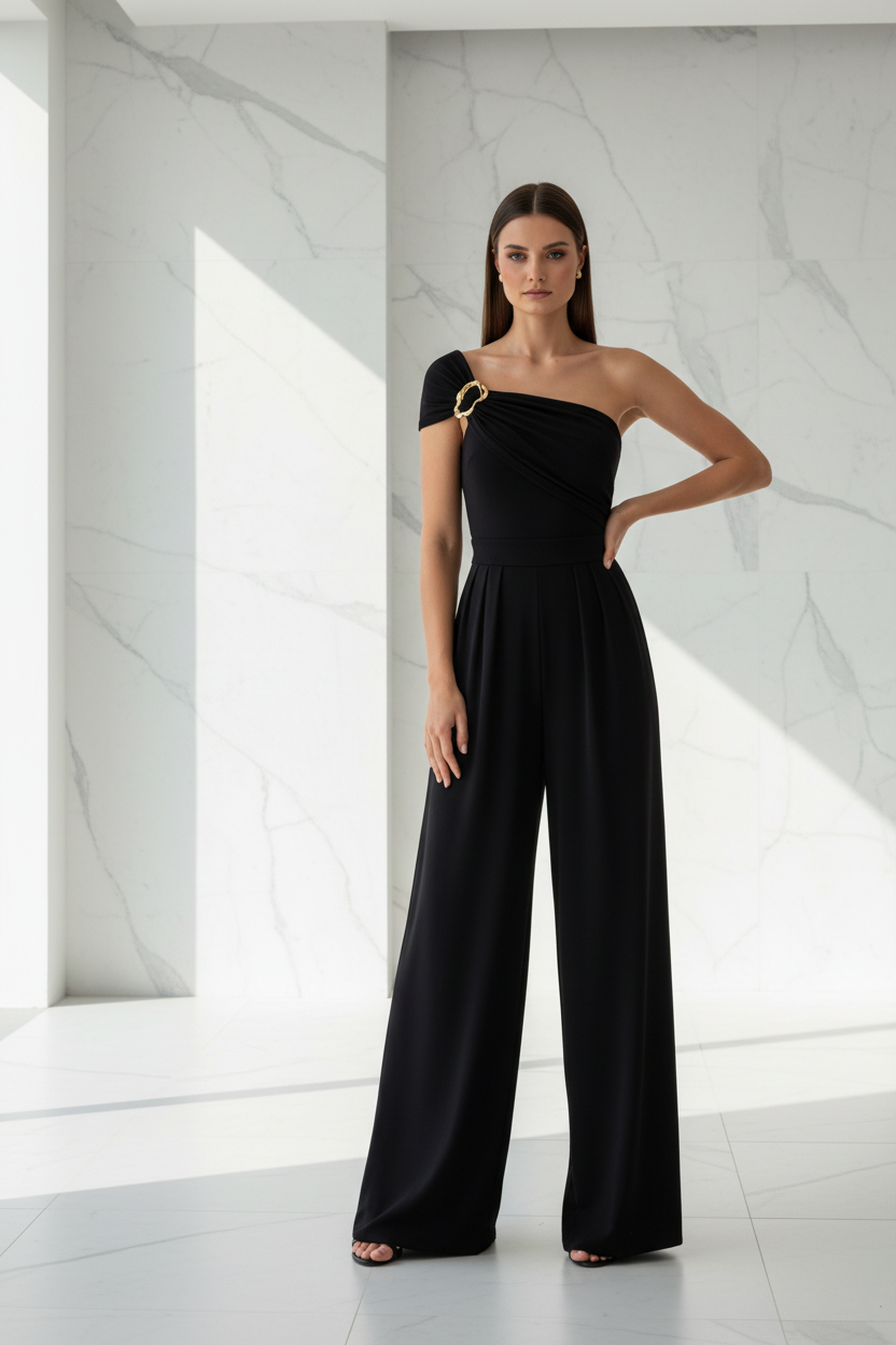 Elegant High-Waisted Wide Leg Jumpsuit with Pockets & Belted Waist by Jamota One-Pieces Women's Jumpsuits