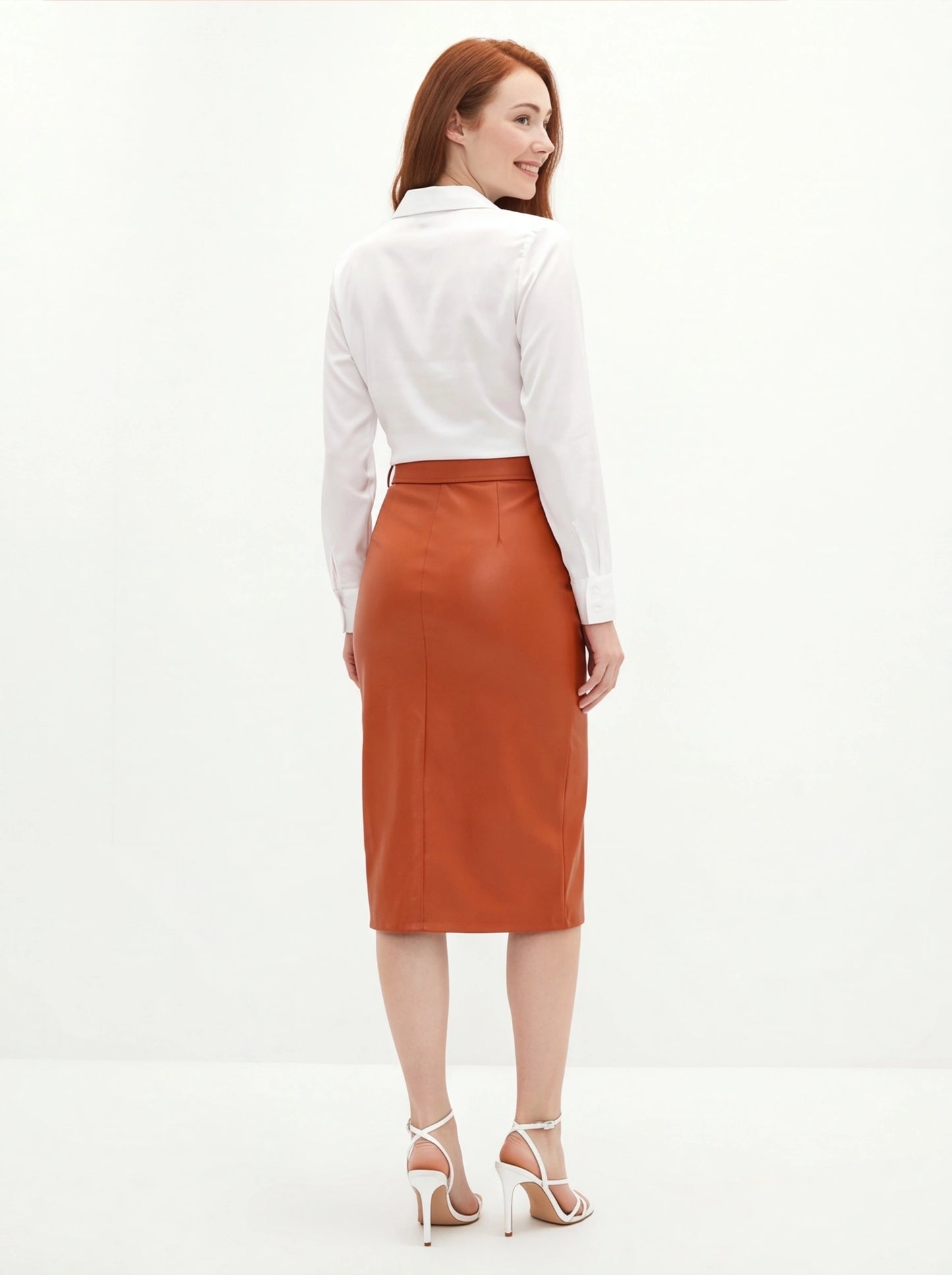 Brown Midi Skirt Sleek Pencil Silhouette High Waisted Everyday Work Texture PU Leather - Jamota