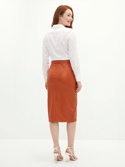 Brown Midi Skirt Sleek Pencil Silhouette High Waisted Everyday Work Texture PU Leather - Jamota