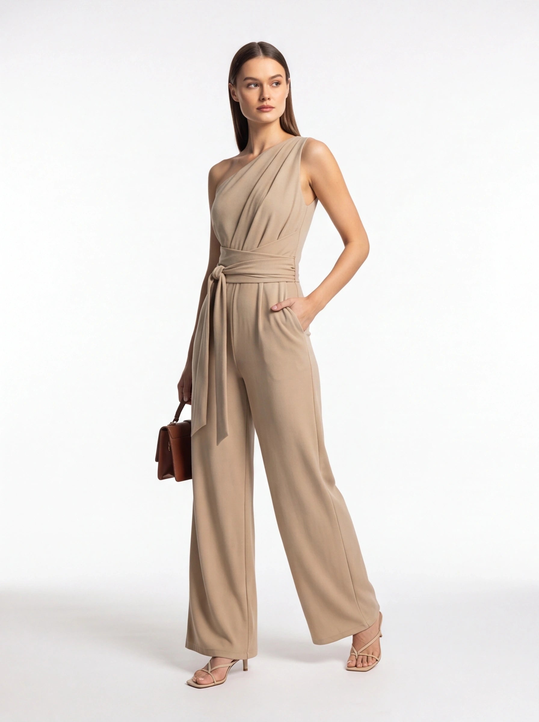 Elegant Asymmetric Wide-Leg Jumpsuit with Pockets & Adjustable Straps by Jamota One-Pieces Jumpsuits