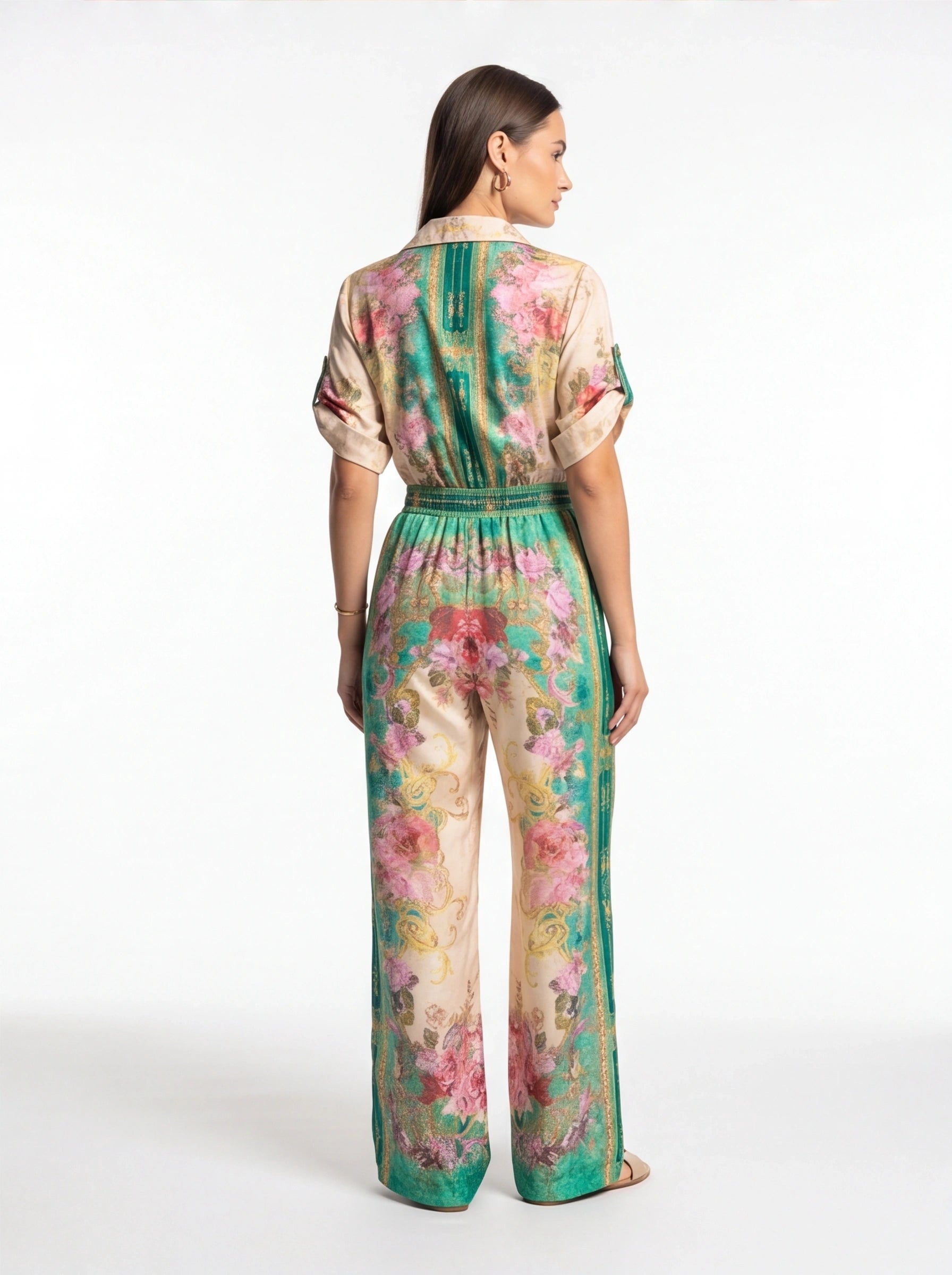 Floral Wide-Leg Jumpsuit with Roll-Up Sleeves - Jamota