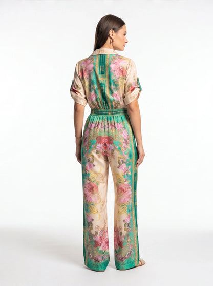 Floral Wide-Leg Jumpsuit with Roll-Up Sleeves - Jamota