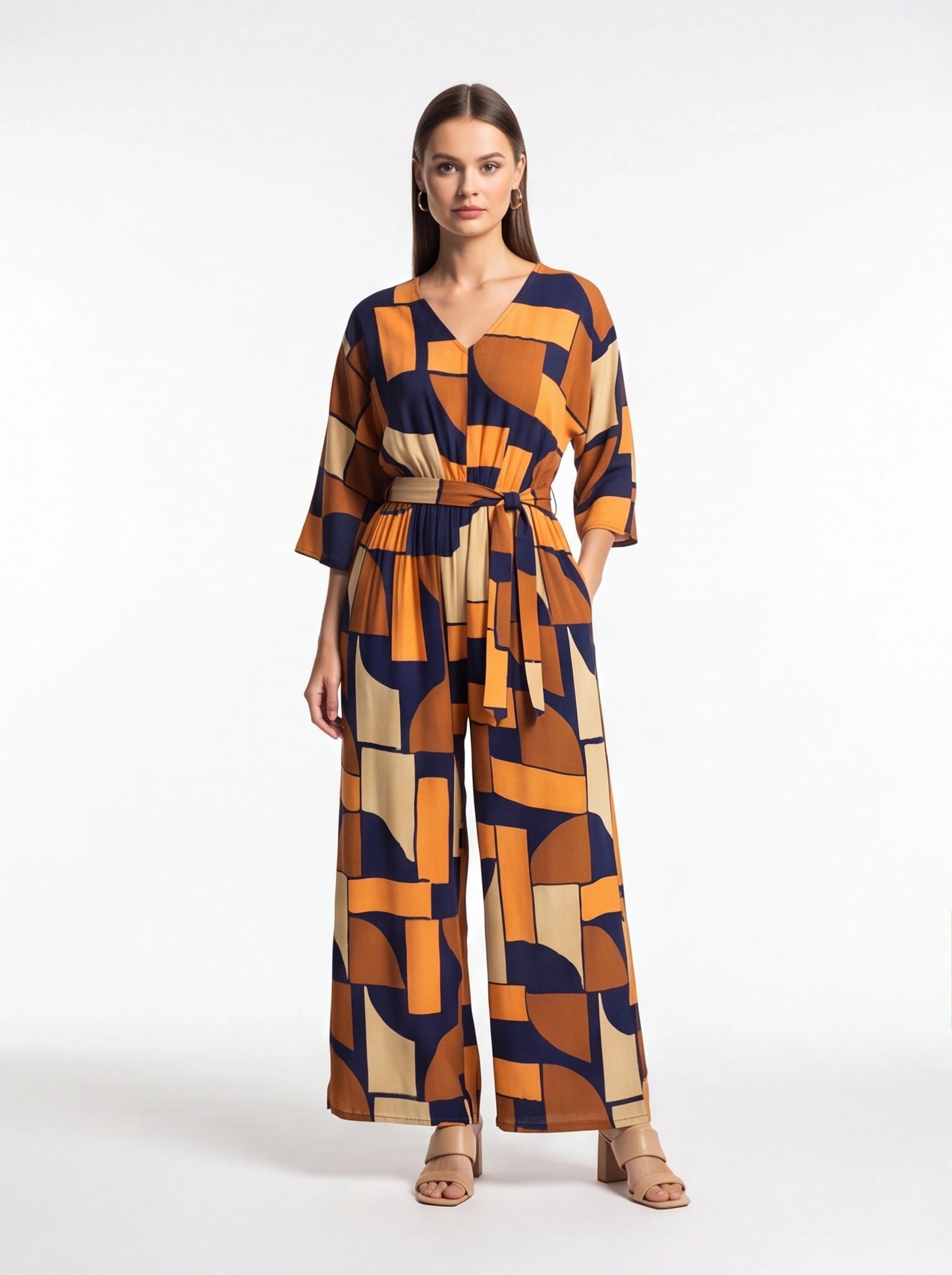 Chic Colorblock Geometric Jumpsuit with Belted Waist and Pockets by Jamota One-Pieces Jumpsuits & Rompers