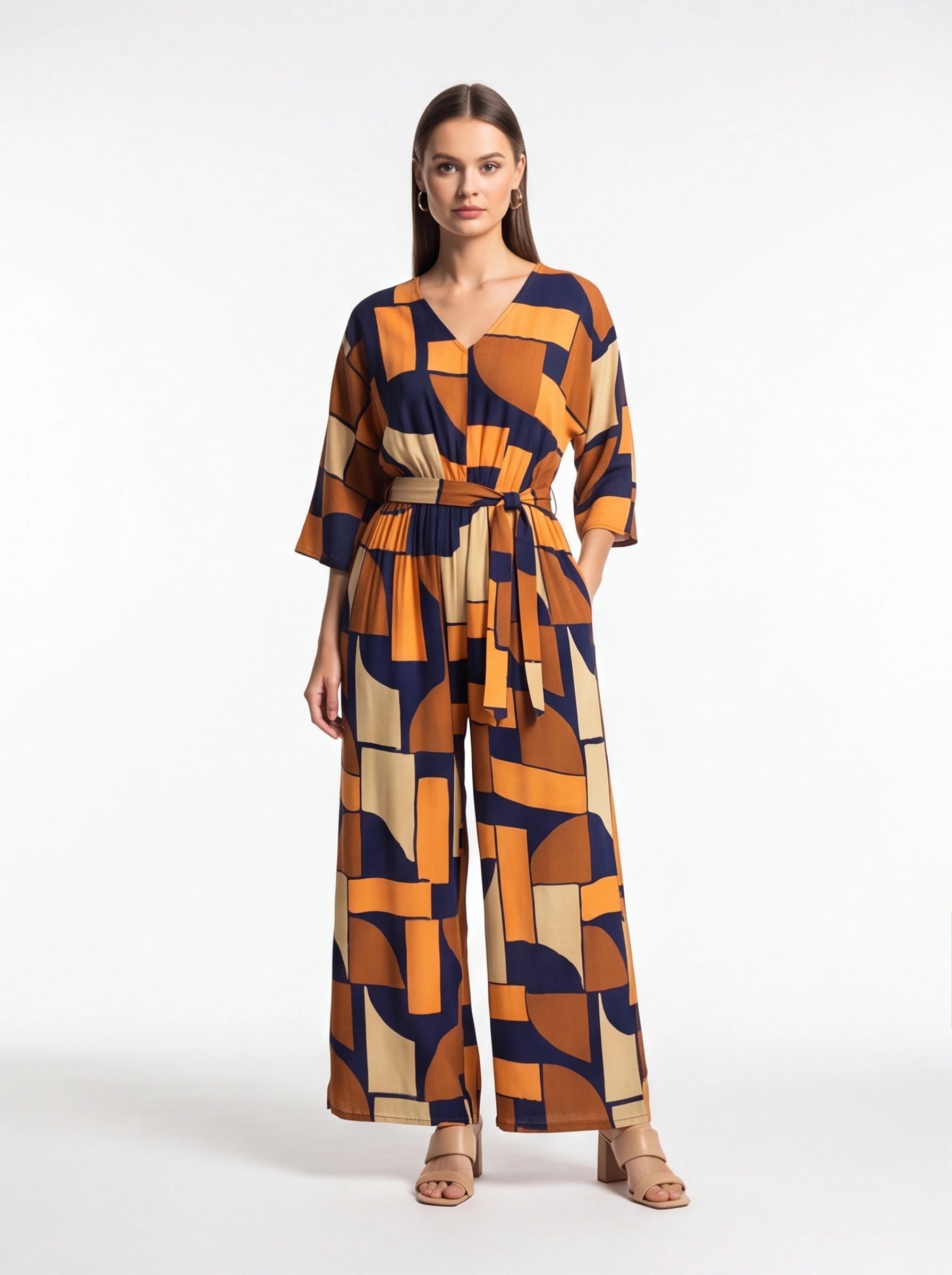 Chic Colorblock Geometric Jumpsuit with Belted Waist and Pockets by Jamota One-Pieces Jumpsuits & Rompers