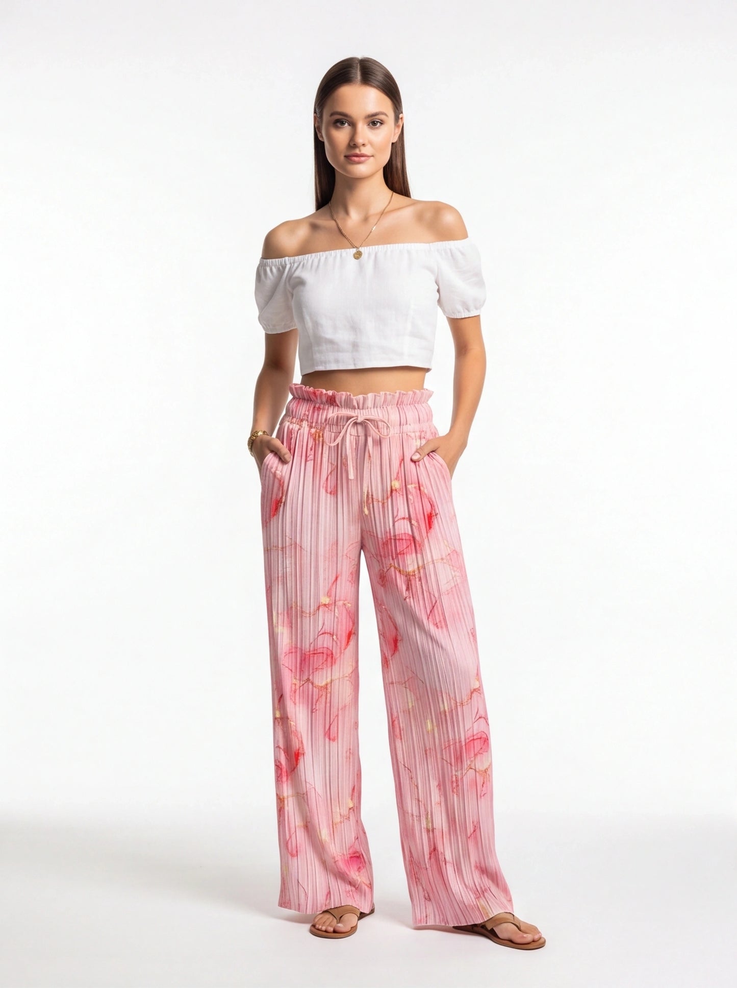 High Waisted Tie Dye Pleated Wide Leg Palazzo Pants with Pockets