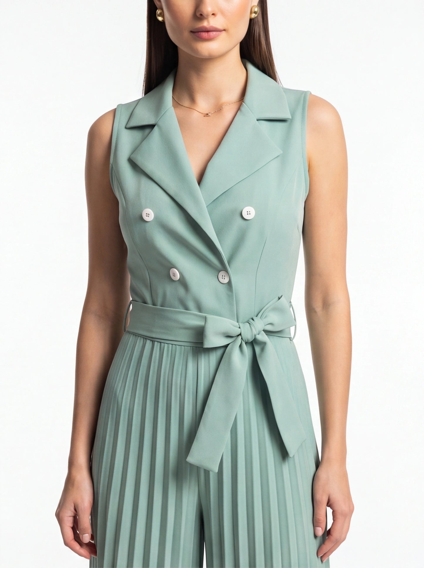Wide-Leg Jumpsuit with Notched Collar and Belted Waist by Jamota One-Pieces Jumpsuits