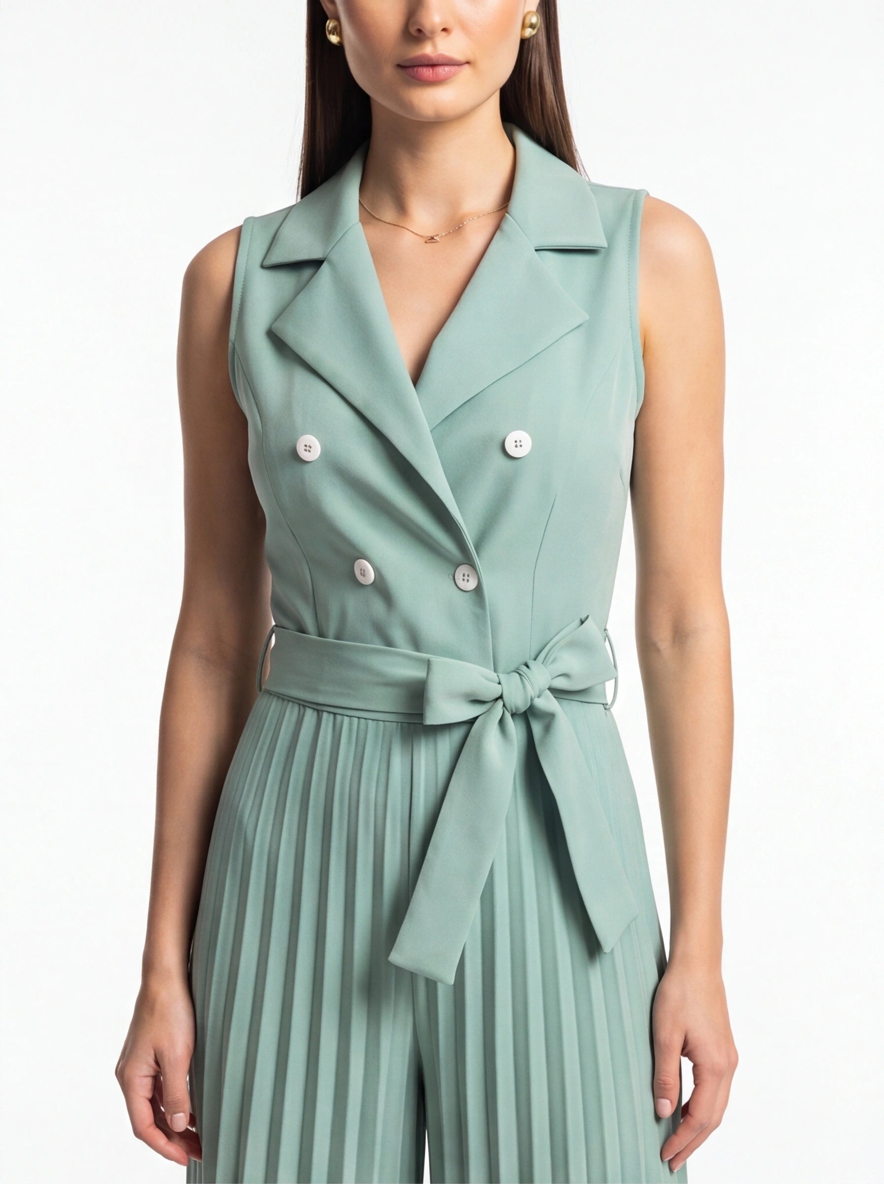 Wide-Leg Jumpsuit with Notched Collar and Belted Waist by Jamota One-Pieces Jumpsuits
