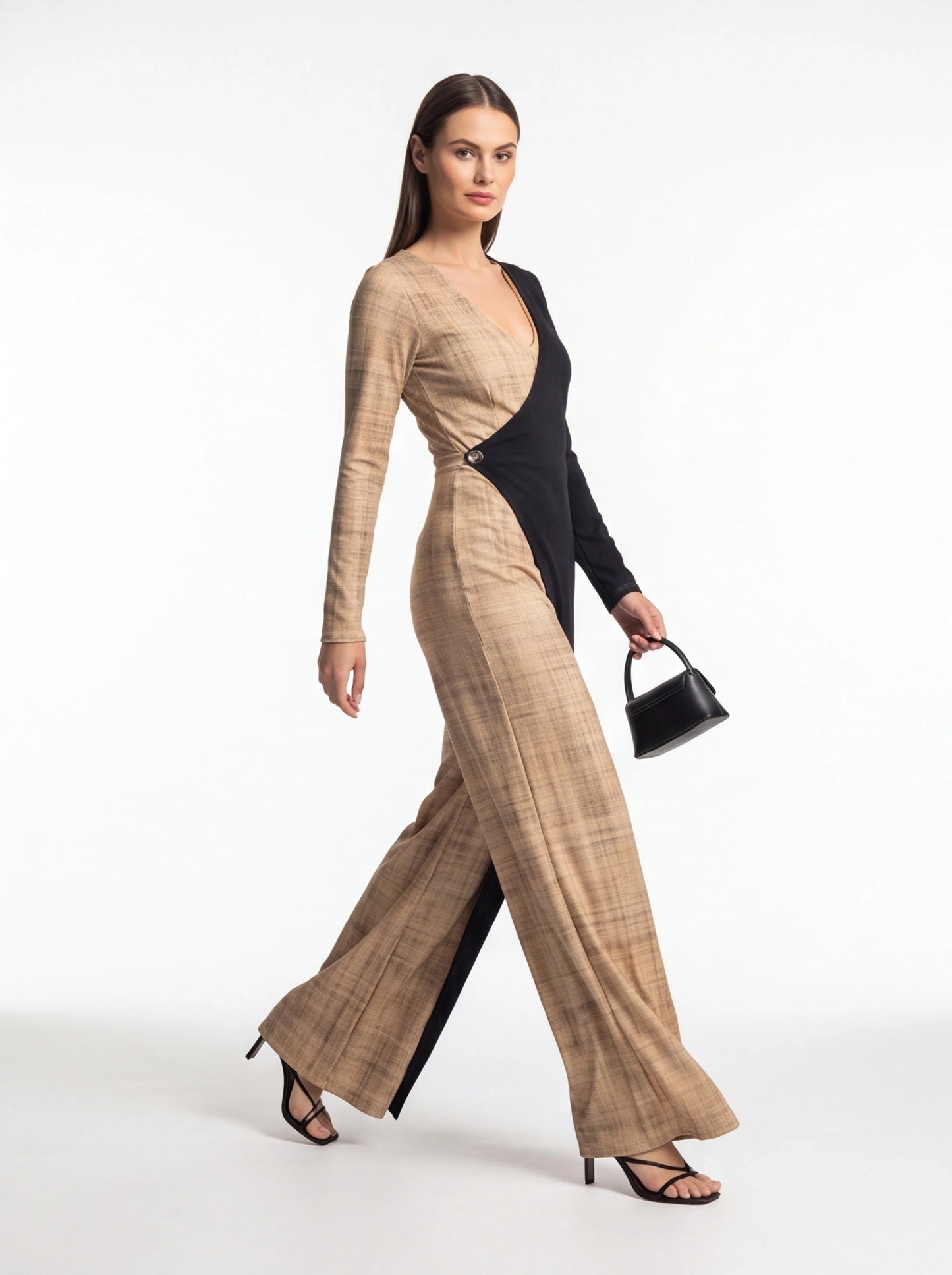 Colorblock Wide-Leg Jumpsuit with V-Neck by Jamota One-Pieces Jumpsuits