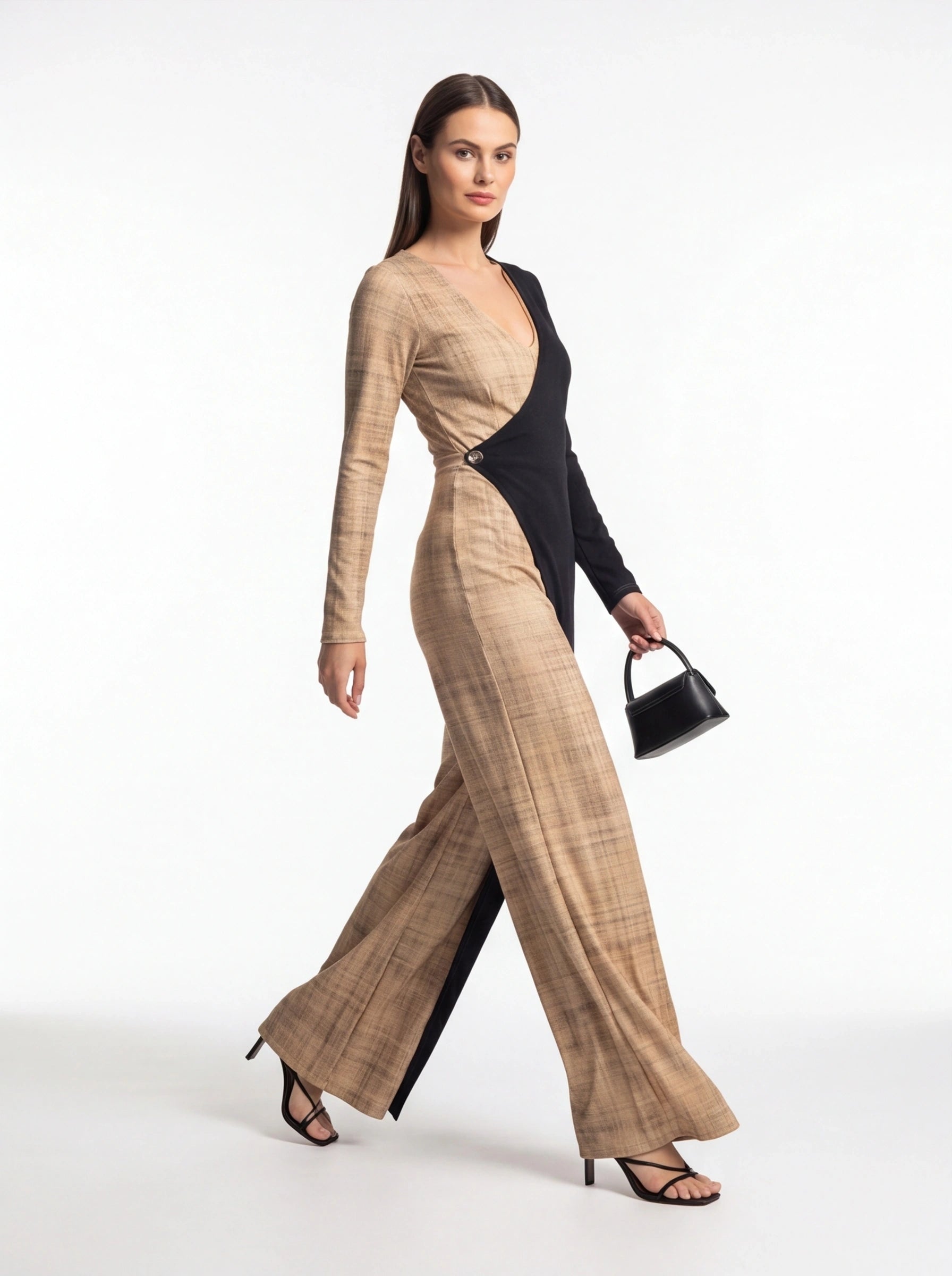 Colorblock Wide-Leg Jumpsuit with V-Neck by Jamota One-Pieces Jumpsuits