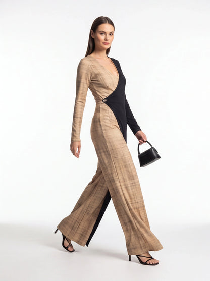 Colorblock Wide-Leg Jumpsuit with V-Neck by Jamota One-Pieces Jumpsuits