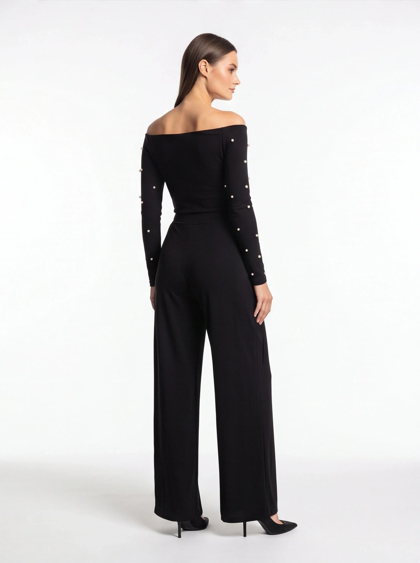 Jamota black off-shoulder jumpsuit with pearl-embellished long sleeves and wide-leg pants