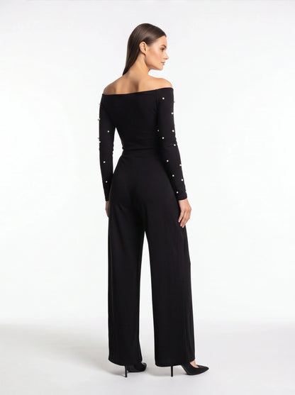 Jamota black off-shoulder jumpsuit with pearl-embellished long sleeves and wide-leg pants