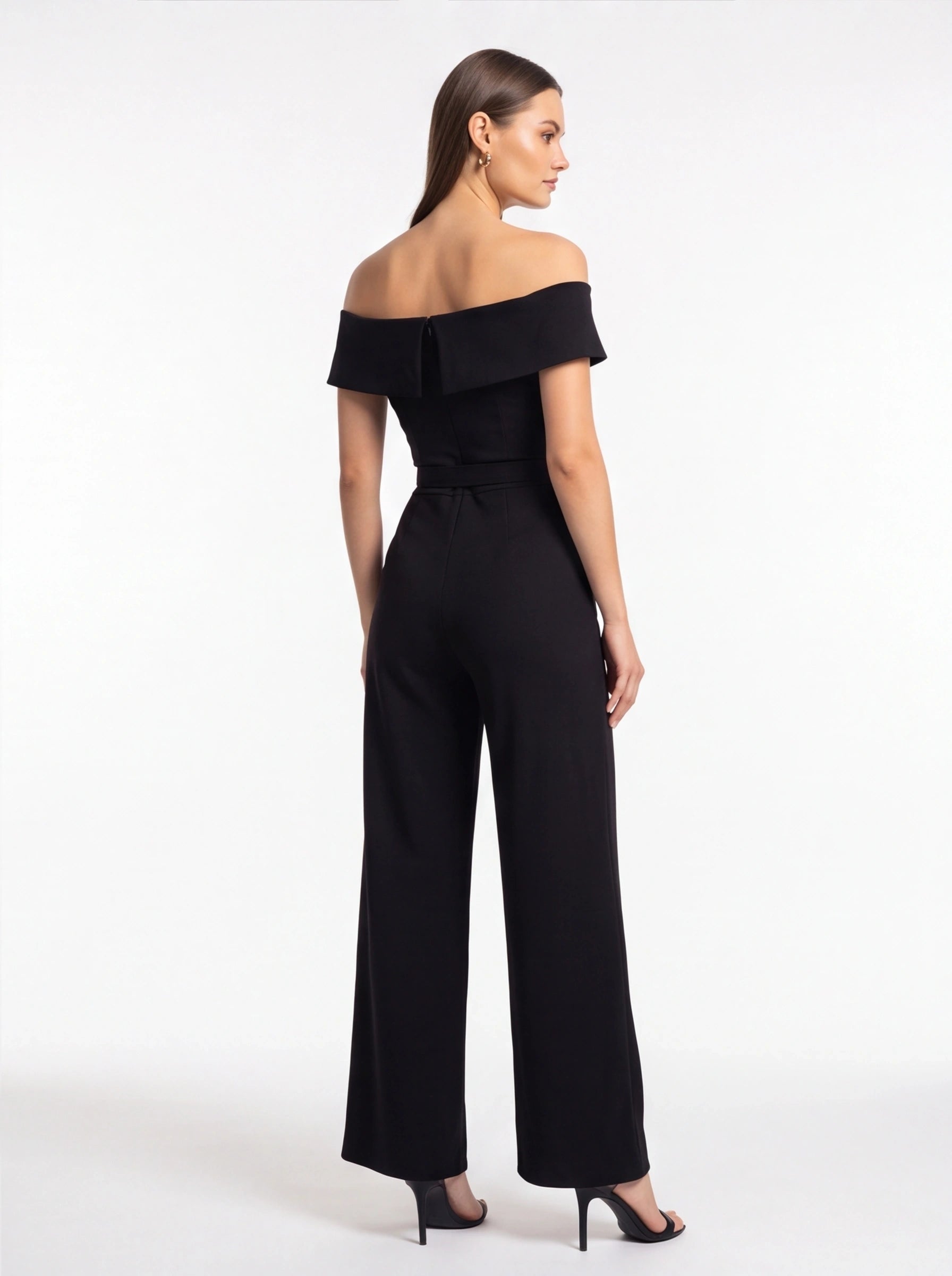 Elegant Black Off-Shoulder Wide-Leg Jumpsuit with Belt - Jamota