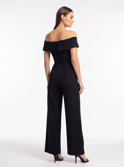 Elegant Black Off-Shoulder Wide-Leg Jumpsuit with Belt - Jamota