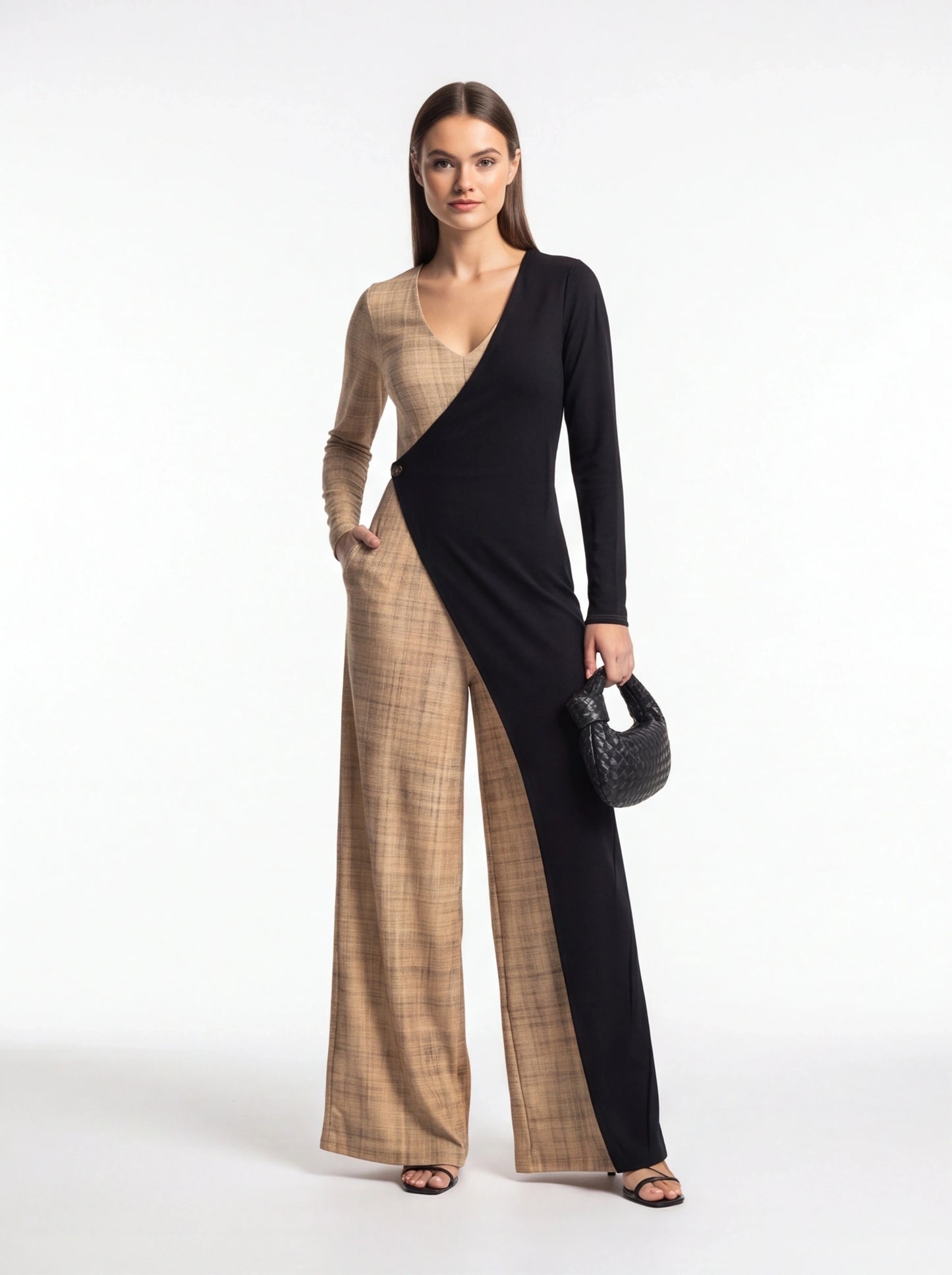 Colorblock Wide-Leg Jumpsuit with V-Neck by Jamota One-Pieces Jumpsuits