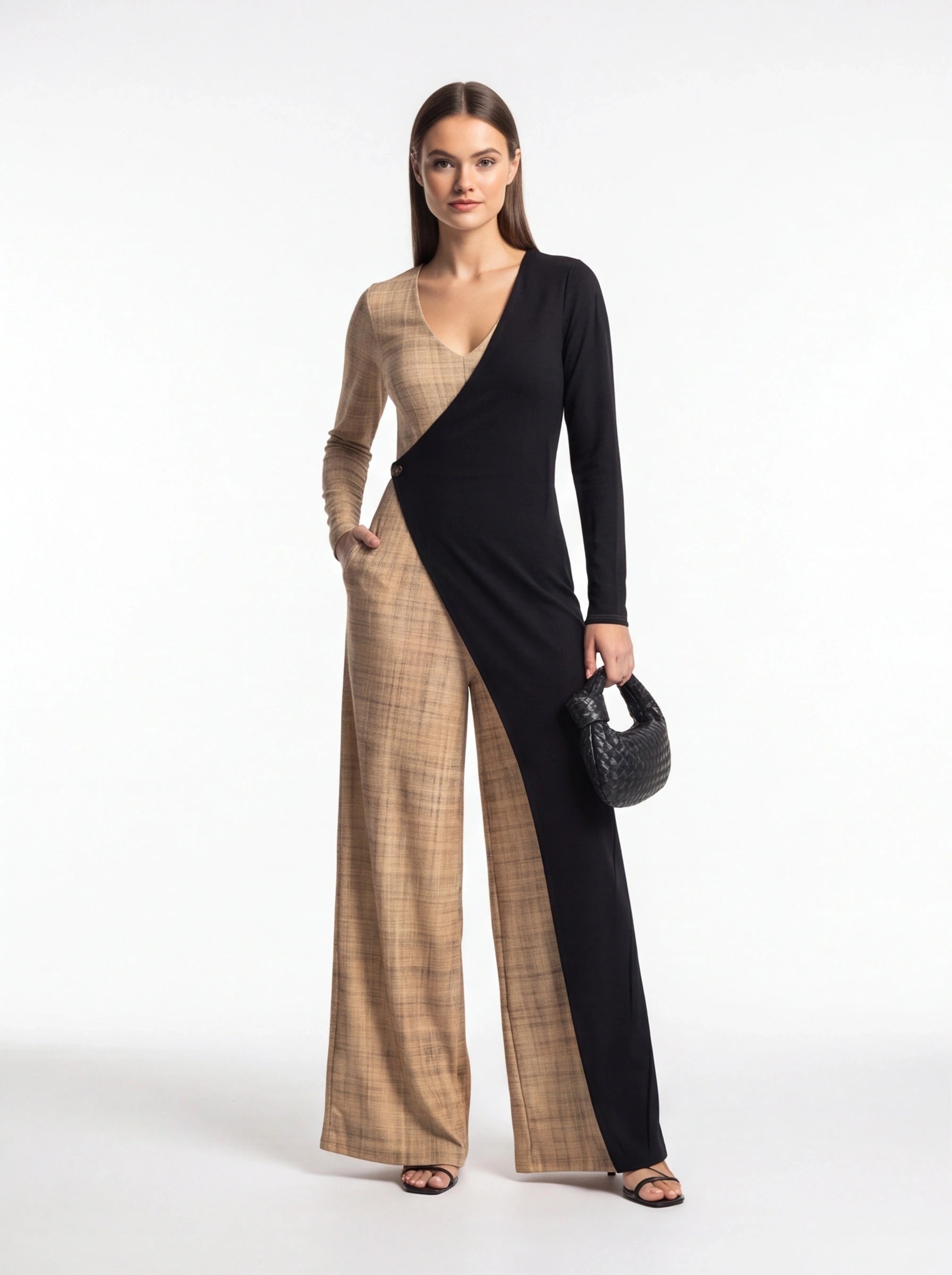 Colorblock Wide-Leg Jumpsuit with V-Neck by Jamota One-Pieces Jumpsuits