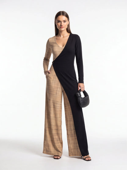 Colorblock Wide-Leg Jumpsuit with V-Neck by Jamota One-Pieces Jumpsuits