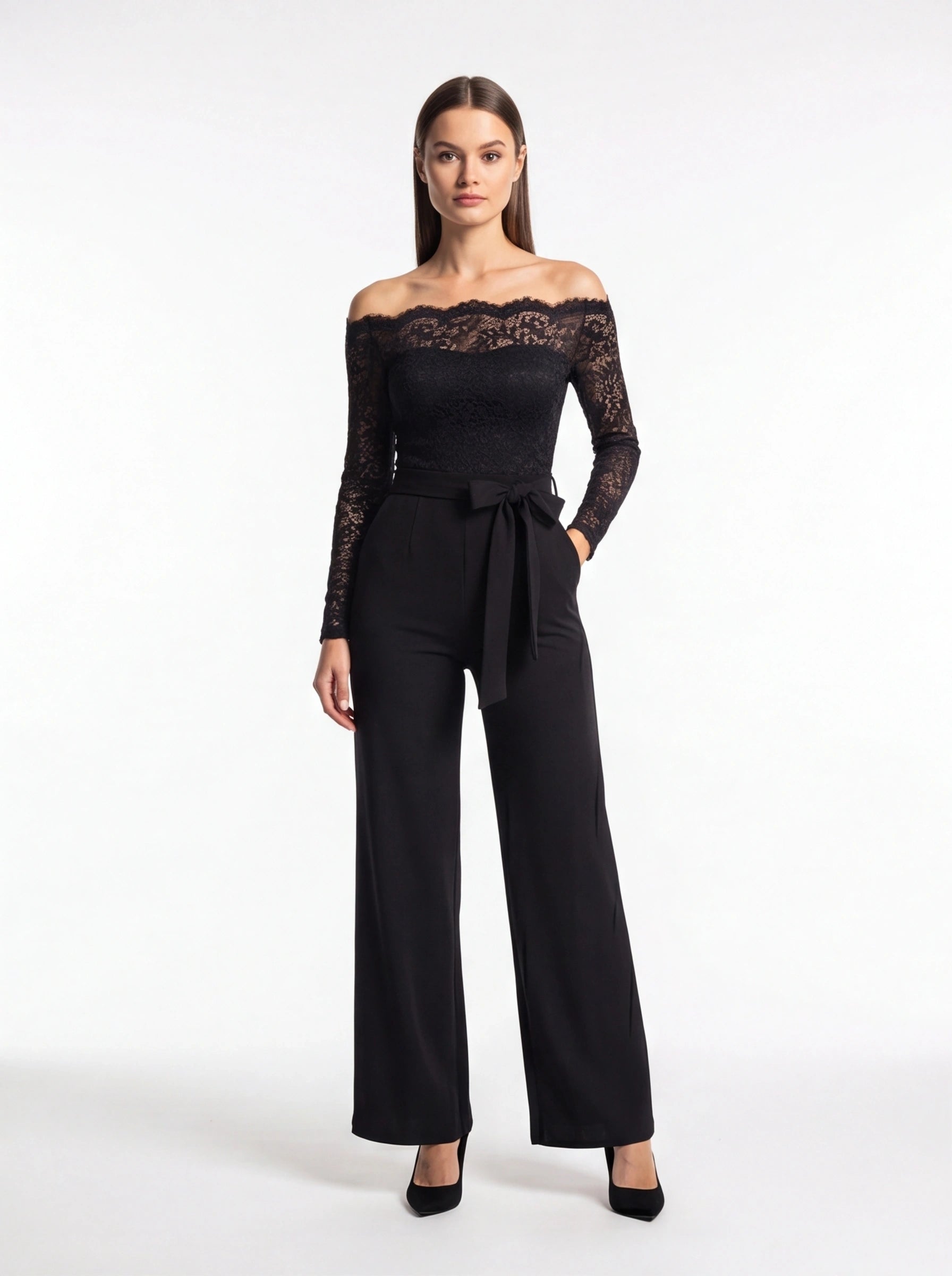 Jamota black jumpsuit with off-shoulder lace bodice, long lace sleeves, belted waist and pockets