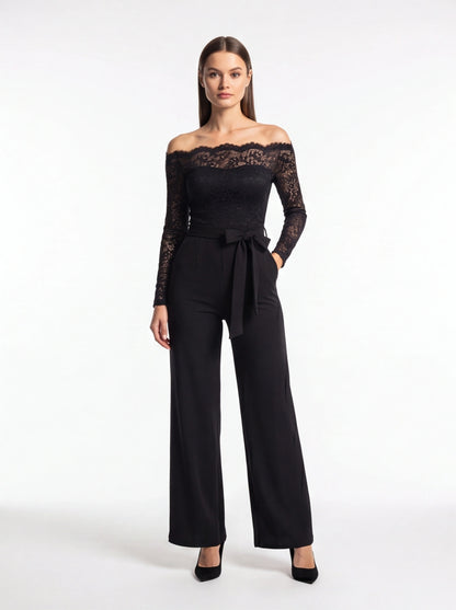 Jamota black jumpsuit with off-shoulder lace bodice, long lace sleeves, belted waist and pockets