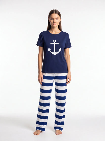 Nautical Dreams Women's Pajama Set | Soft Fabric & Anchor Design - Jamota