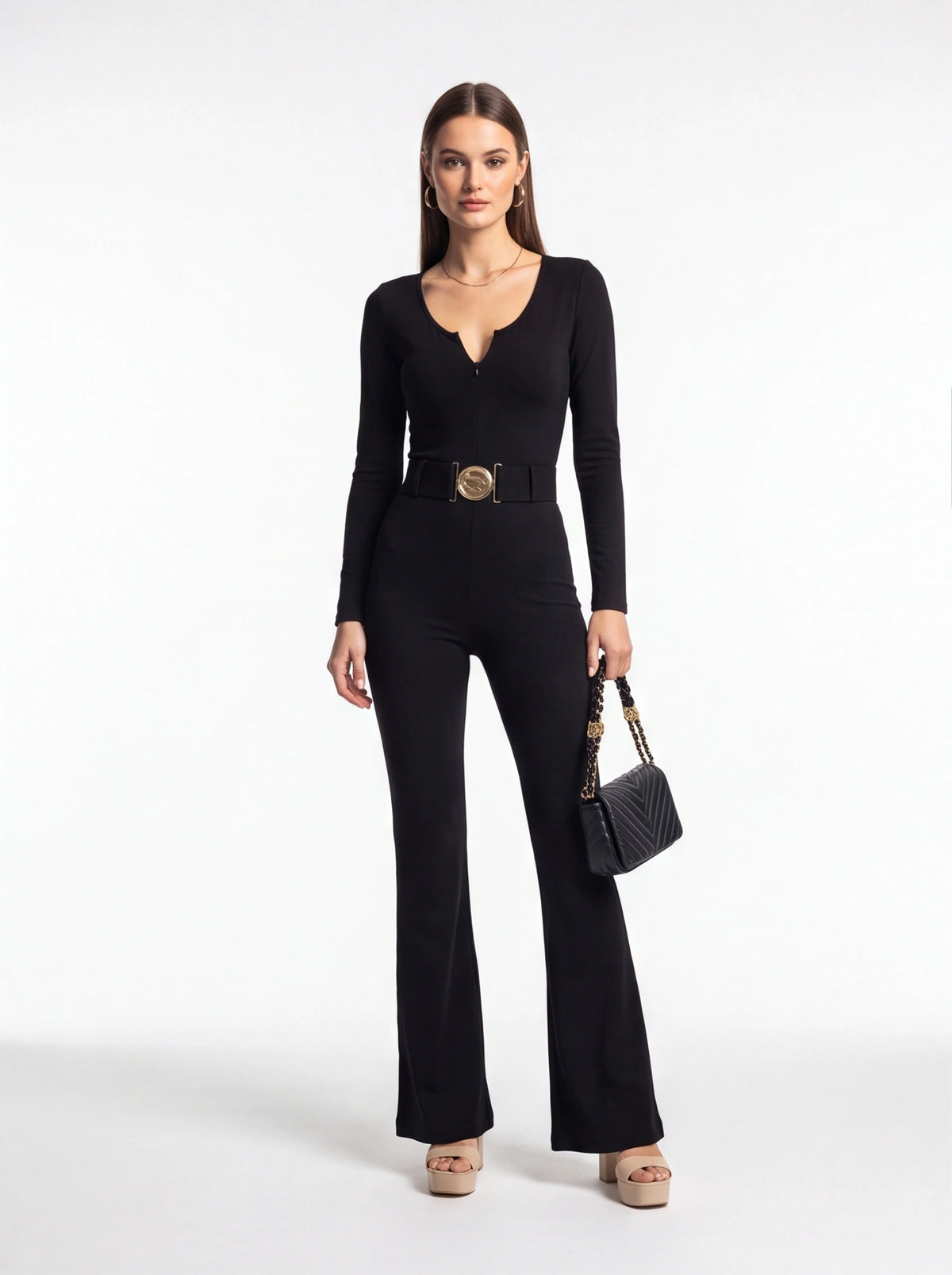 Stylish Slim Fit Flared Jumpsuit with Pockets and Adjustable Straps - Jamota