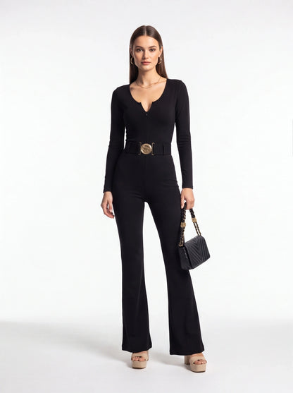 Stylish Slim Fit Flared Jumpsuit with Pockets and Adjustable Straps - Jamota