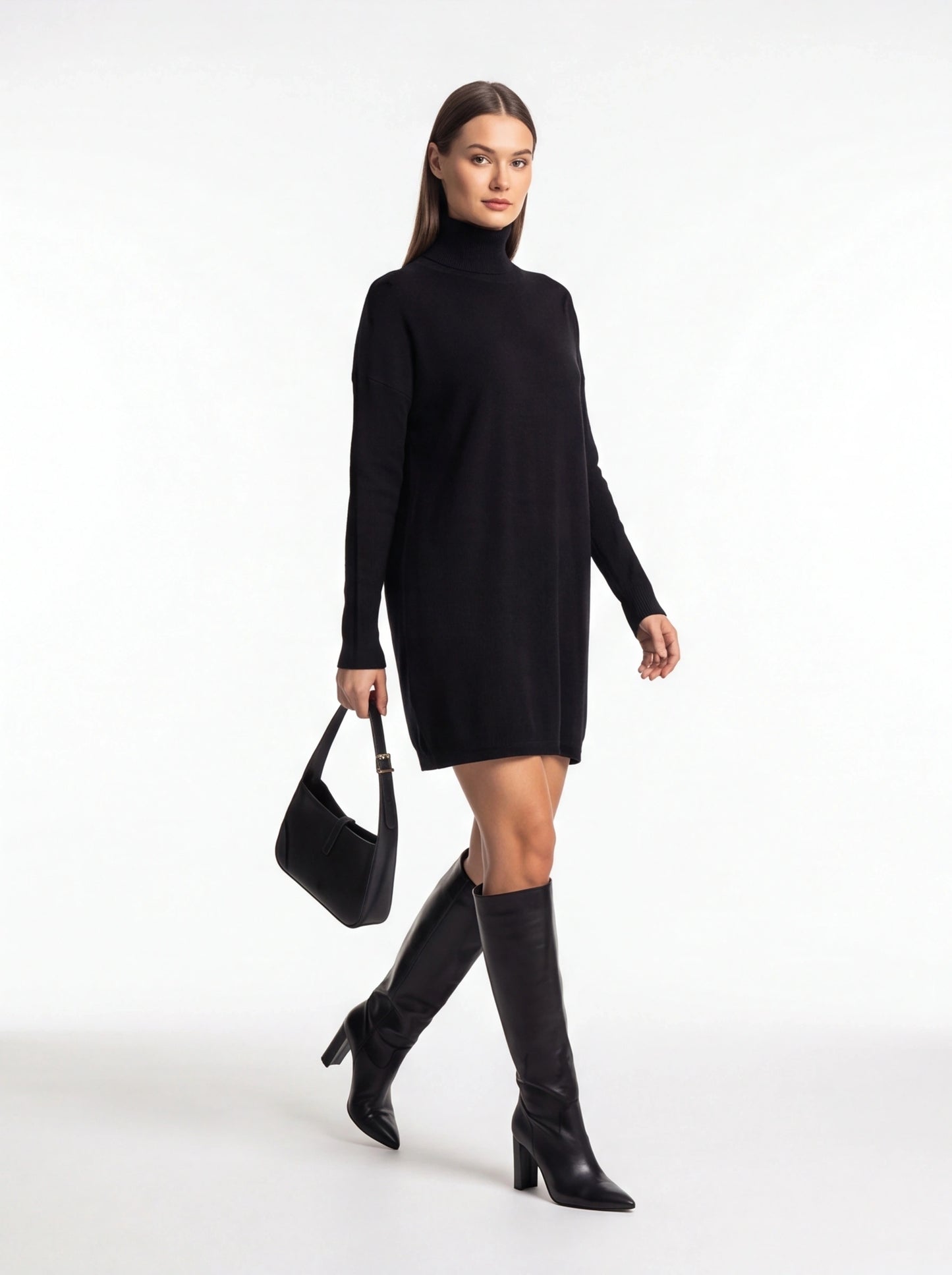 Cozy Black Turtleneck Sweater Dress with Long Sleeves and Ribbed Detail - Jamota
