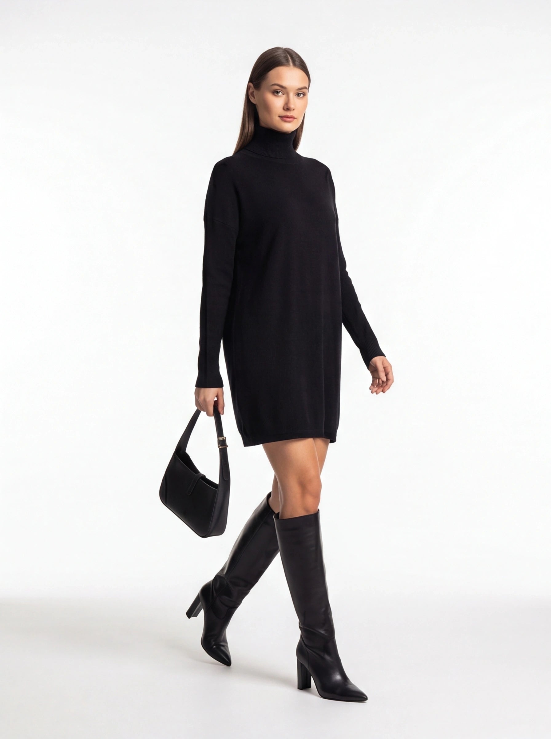 Cozy Black Turtleneck Sweater Dress with Long Sleeves and Ribbed Detail - Jamota