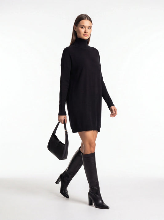 Cozy Black Turtleneck Sweater Dress with Long Sleeves and Ribbed Detail - Jamota