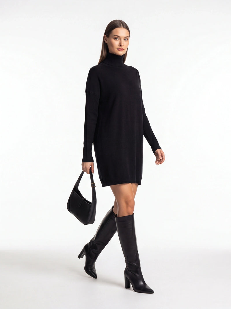 Cozy Black Turtleneck Sweater Dress with Long Sleeves and Ribbed Detail - Jamota